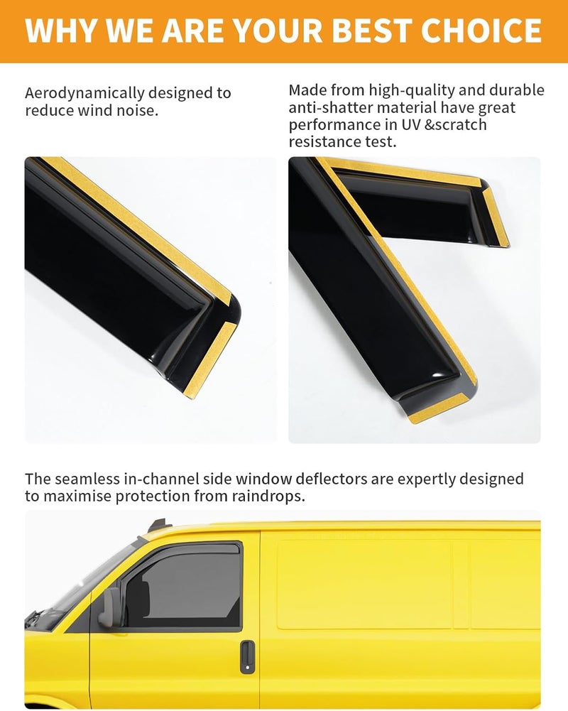 Deejecsun in-Channel Window Rain Guards Fit for Chevy Express Van 1996-2026 & GMC Savana 1996-2026 Rain Guard Extra Durable Window Deflectors Vent Visors Vent Shades Exterior Car Accessories - Image 4